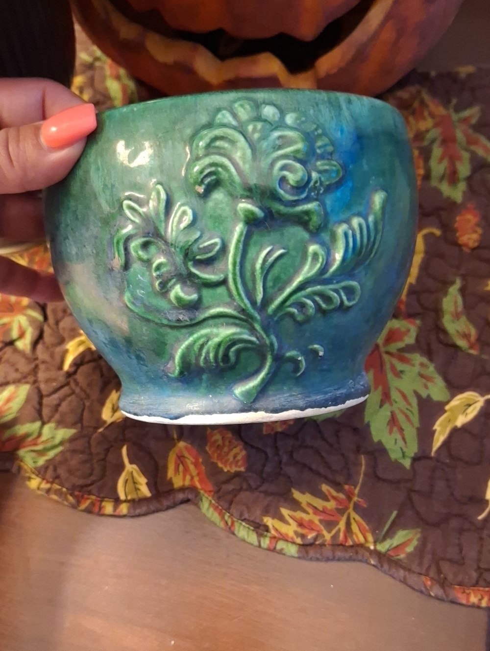 Green Decorative Ceramic Planter with Raised Floral Motif